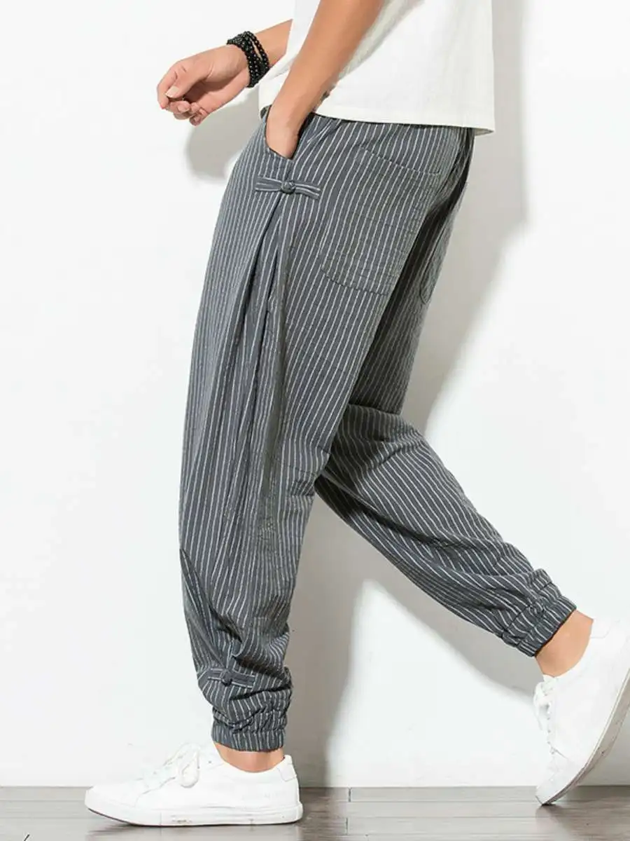 

Summer Lightweight Breathable Cotton Linen Men's Casual Pants Buttoned Waist Loose Fit Harlan Lantern Pants Striped Pattern