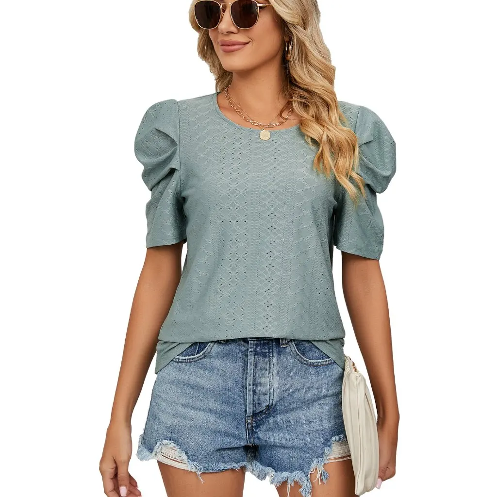

Women's Solid Color round Neck T-Shirt Pleated Sleeve Loose Top European And American Style Cross-border Foreign Trade 2023