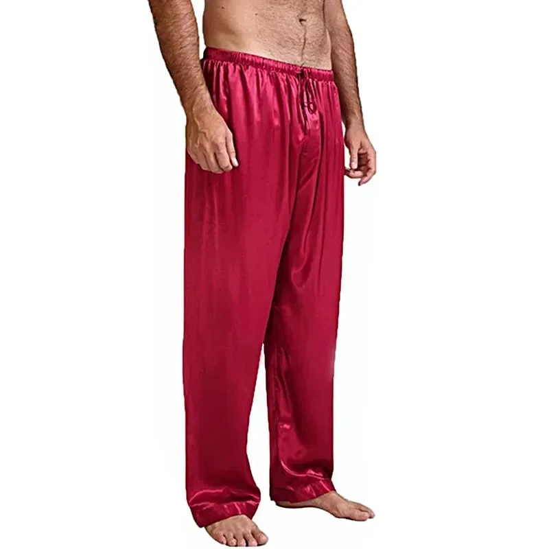 Pijama solto de camisola masculino, calça de cetim, calça de seda, roupa caseira, roupa longa, 2023