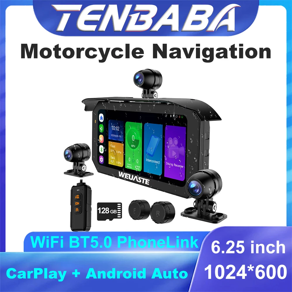 6,25 pulgadas 1080P motocicleta Moto Carplay Android Auto Dash Cam TPMS pantalla HiCar Sensor de luz grabación en bucle control con cable