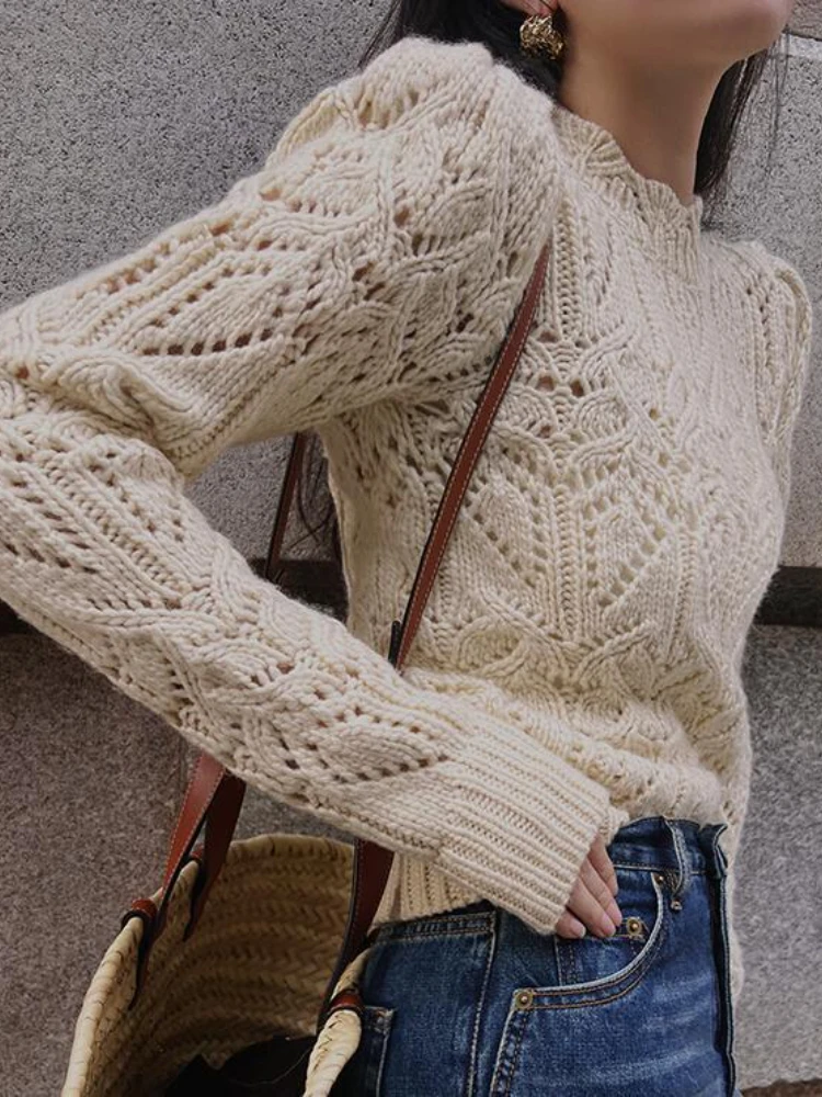 2024 Ropa Mujer Sweater Women Puff Sleeve Knitted Hollow Out Crop Pullovers Autumn Winter Sweet Tops Vintage Chic O Neck Jumper