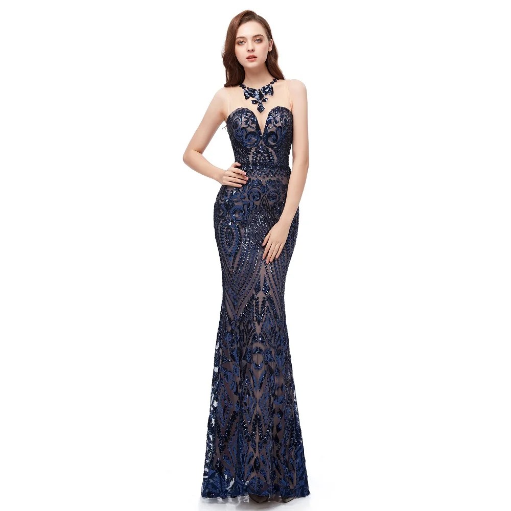 Lace Sequin Mermaid Evening Dresses Sleeveless Floor Length Illusion Formal Party Prom Gown Sheath Vestido De Fiesta Custom Made