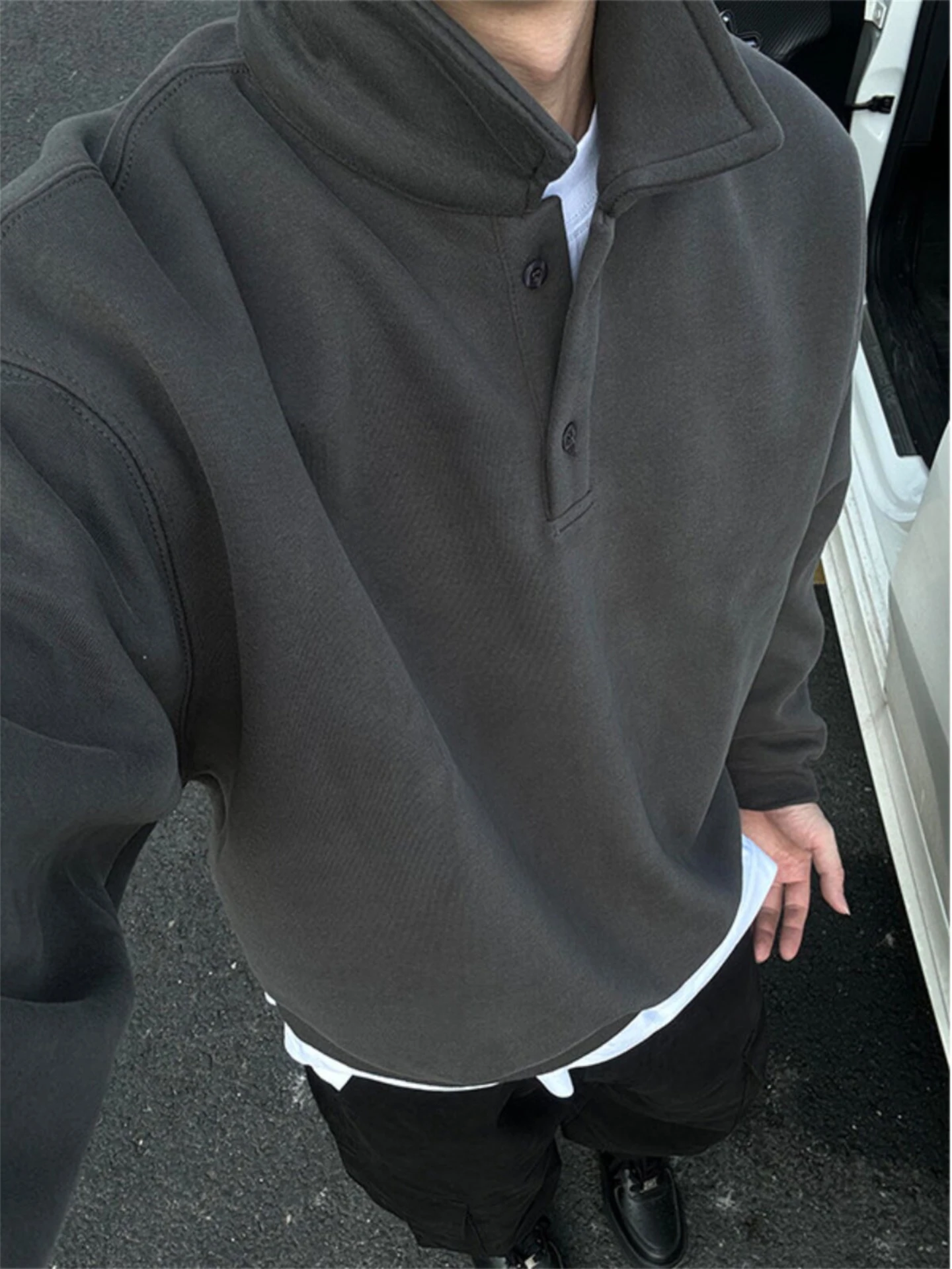 Deep Grey  Neck Sweatshirt Men's Long Sleeve Inner Wear Vintage American Style Autumn Winter Fashion Casual Loose Fit