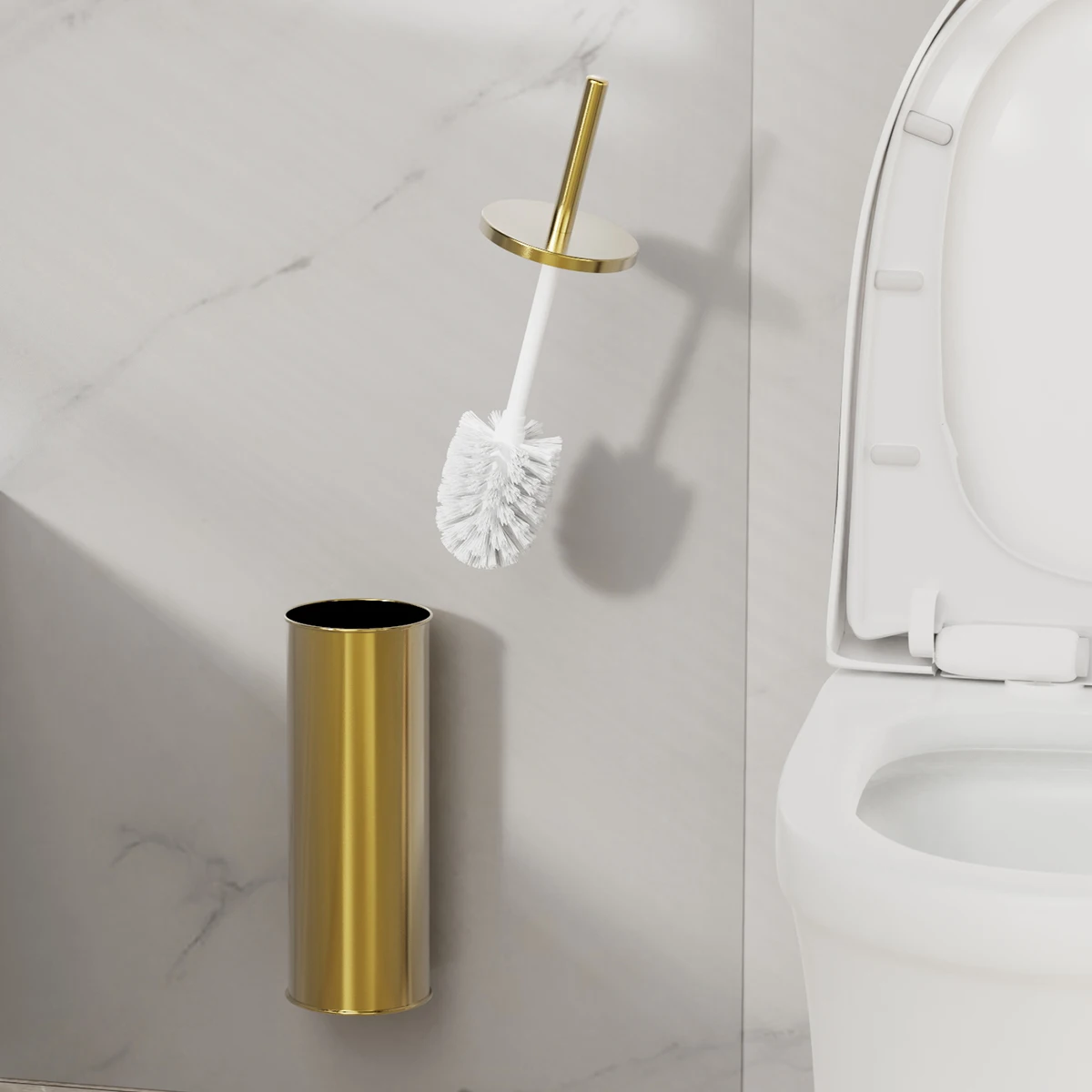 1 Set Wall Mounted Champagne Gold Stainless Steel Toilet Brush Set, Hanging Closed Holder Bathroom WC Cleaning Brush