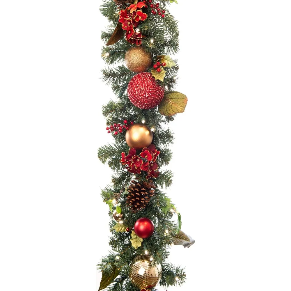 

Pre Lit Artificial Christmas Garland with 100 Warm White LED Battery Powered Timer Remote Scarlet Hydrangea Red Gold