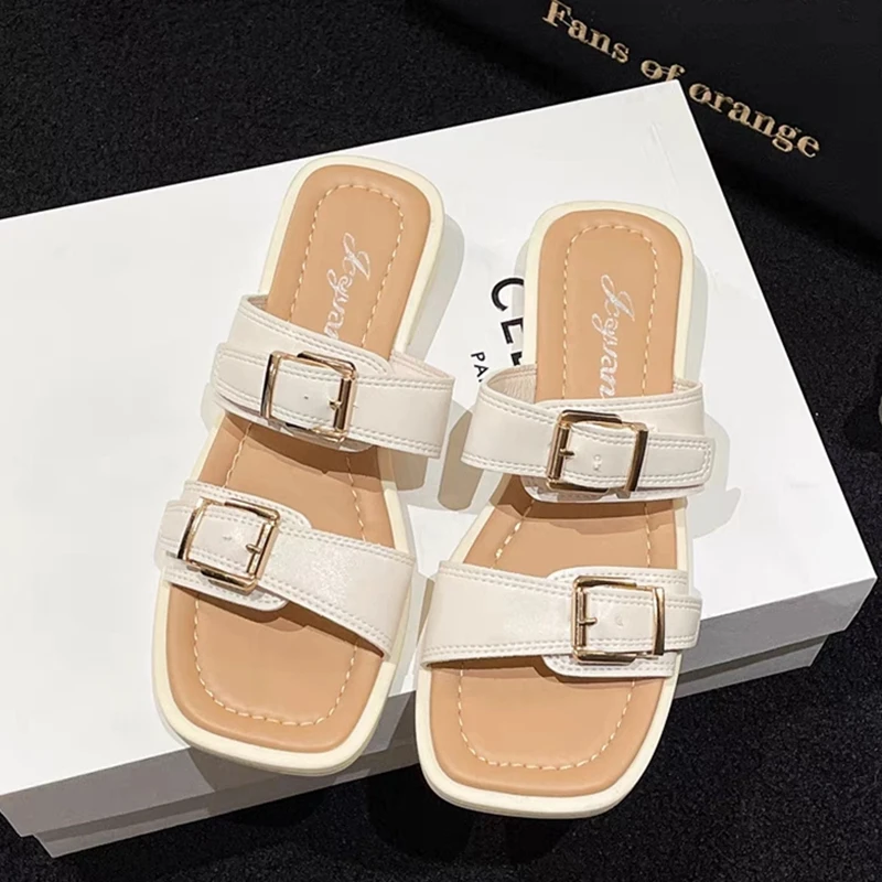 Elegant Women's Sandals Buckle Belt Square Toe Woman Slippers 2023 Summer Chunky Heels Ladies Slides Flip Flops Chaussure Femme