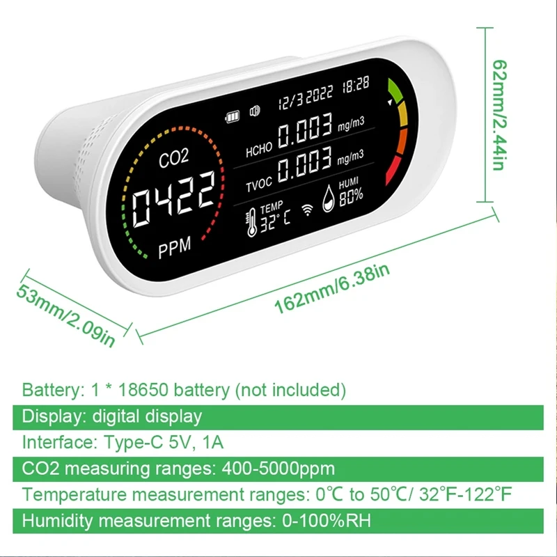 Detector de calidad del aire 5 en 1, medidor de CO2 TVOC HCHO, Monitor de calidad del aire, prueba de temperatura y humedad de dióxido de carbono