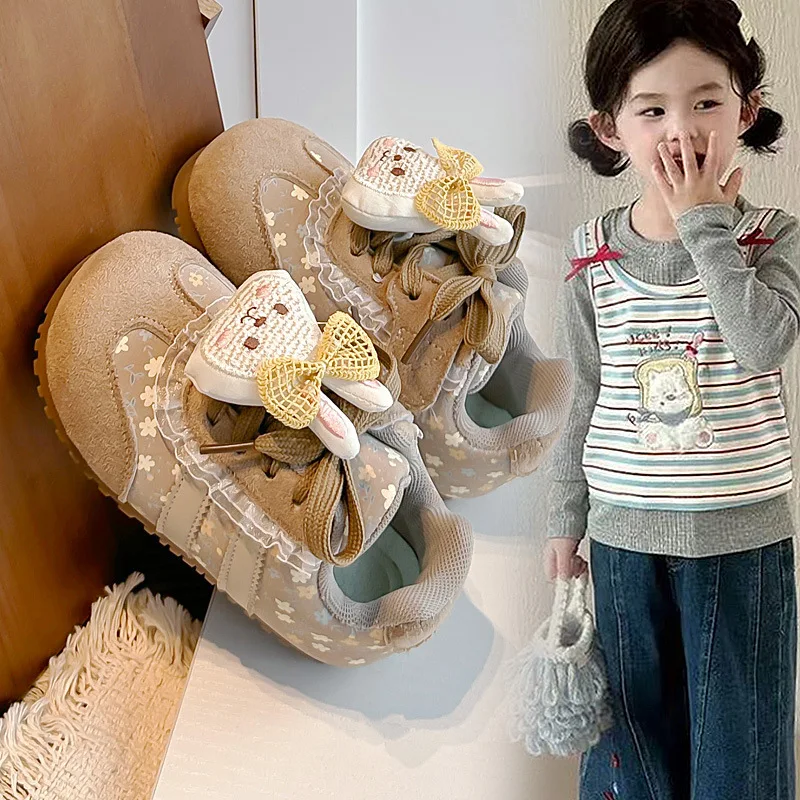 Autumn New Girls Sneakers Floral Print Doll Decor Casual Shoes Soft Sole Anti-slip Kids Running Shoes for Little Girls
