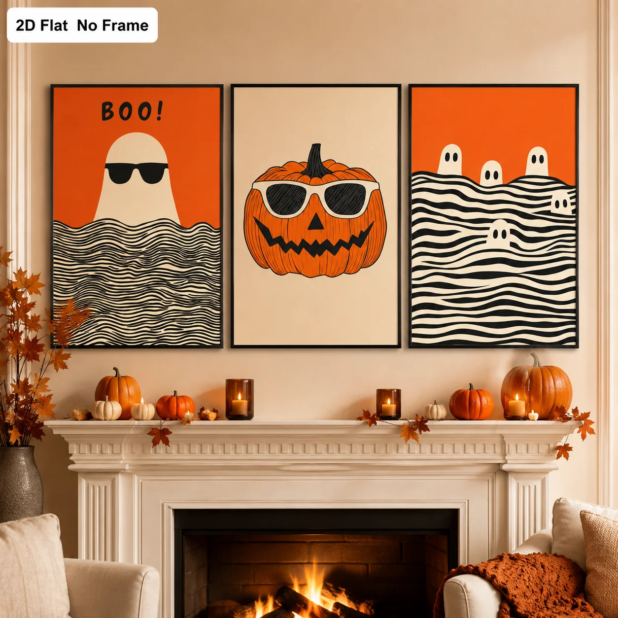 3PCS Halloween Ghost Pumpkin Poster  Retro Cartoon Wall Art  Fun 