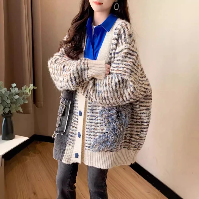 

Женский осенне-зимний новый утолщенный джинсовый свитер, куртка, простой универсальный однобортный вязаный кардиган с v-образным вырезом