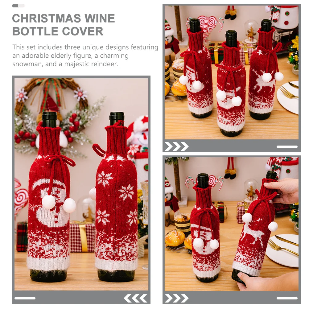 

3Pcs Knitted Wine Bottle Covers Christmas Decorative Holiday Table Decor Reusable Xmas Wine Bottle Clothes Party Supply