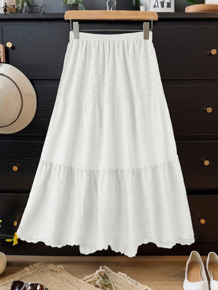 

ZANZEA Elegant Maxi Skirts Women Elastic Waist Jupes Faldas Saia 2025 Autumn Lace Patchwork Long Skirts Casual Loose Bottoms