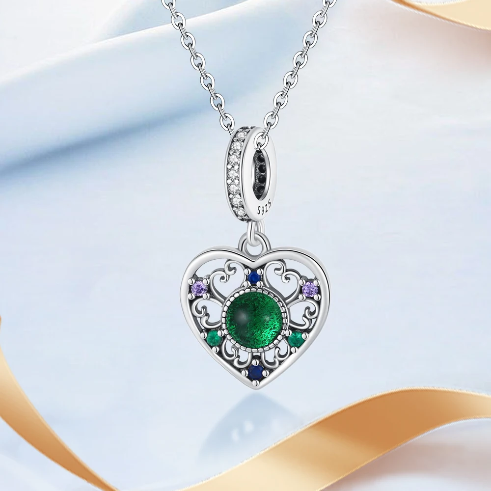 Ahthen 925 Sterling Silver Beads Color-Changing Stone Heart Charm fit Snake Chain Bracelets Necklaces for Women Jewelry Making