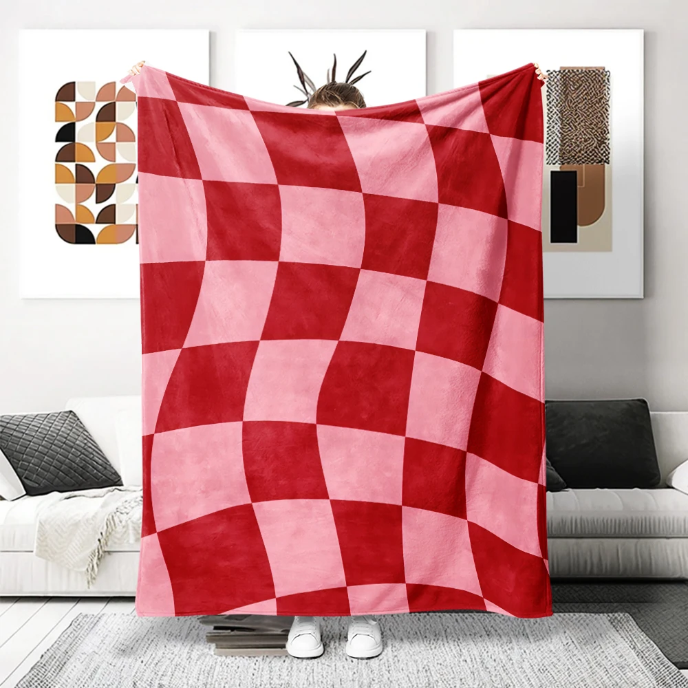 Red Pink Warped Checker Flannel Blanket Perfect For Sofa Office Bed Travel Sleep Read Relax Camping Four Season Use