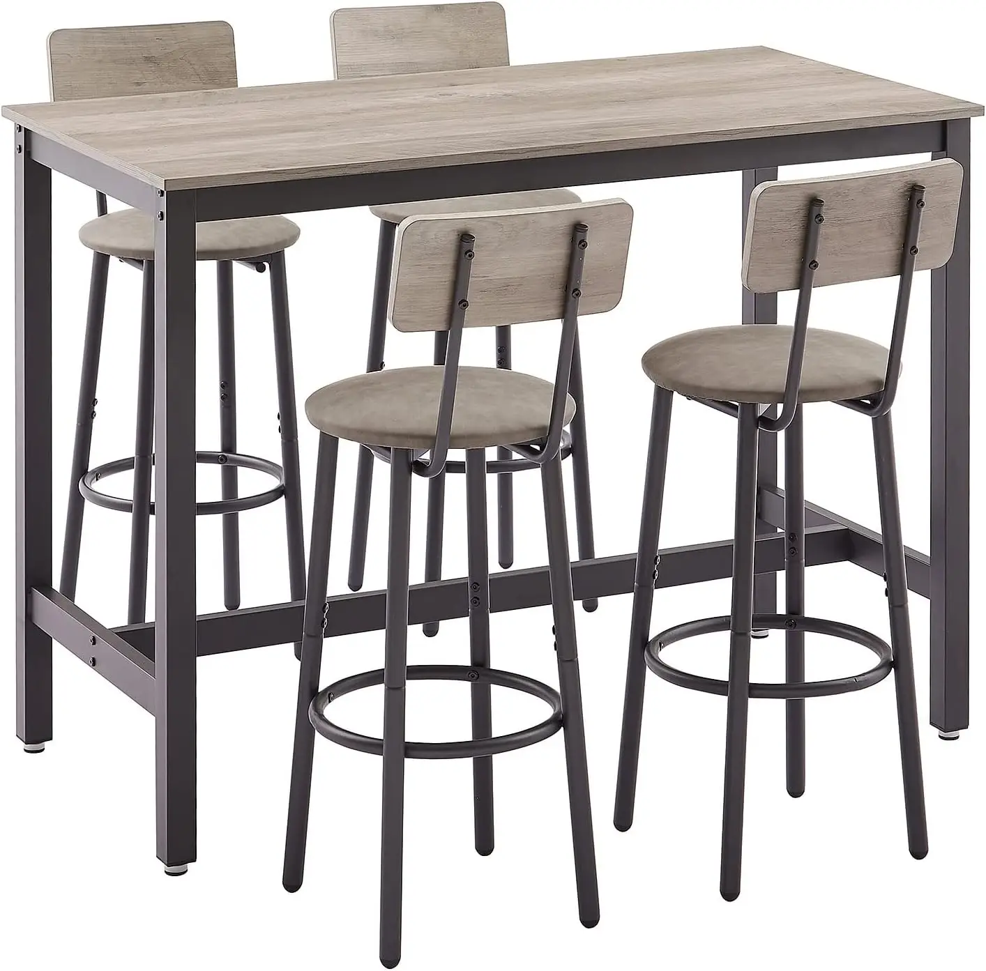 Bar Table and Chairs Set for 4, 5 Pieces Industrial Counter Height Pub Table and 4 PU Soft Stools with Backrest(Grey)