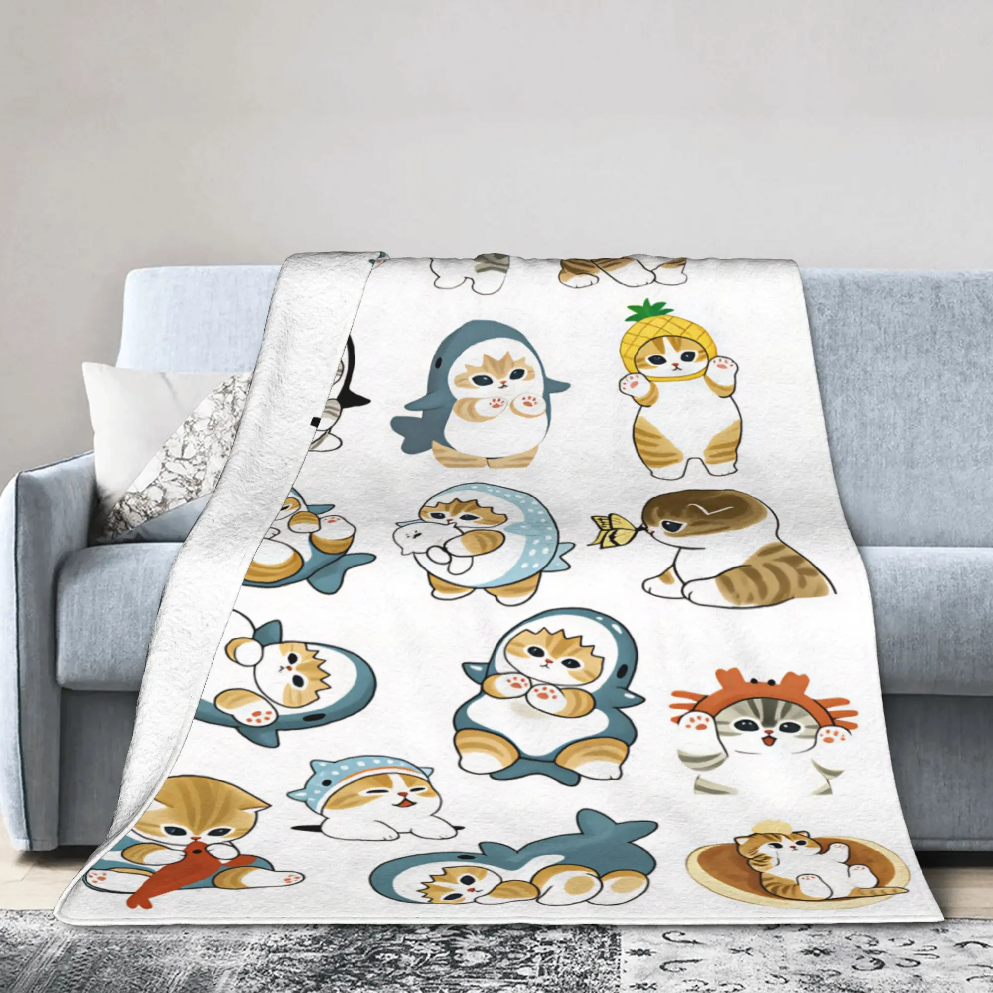 Mofusand Japanese Shark Cat  Soft Cozy Blanket  Casual Plane Travel Bedding Throws Home Decor Flannel Bedspread Sofa Bed Cover