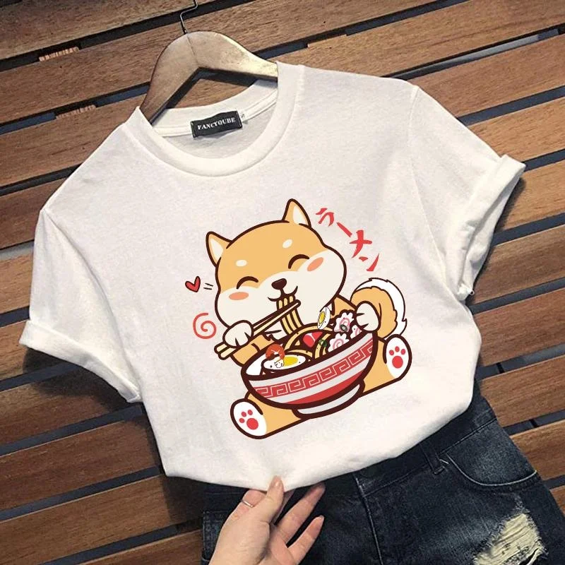 Cute Shiba Inu Eating Ramen T-Shirt Anime Lovers Men\'s and Women\'s Casual Shirt Funny Shiba Inu Personalized Shirt Top