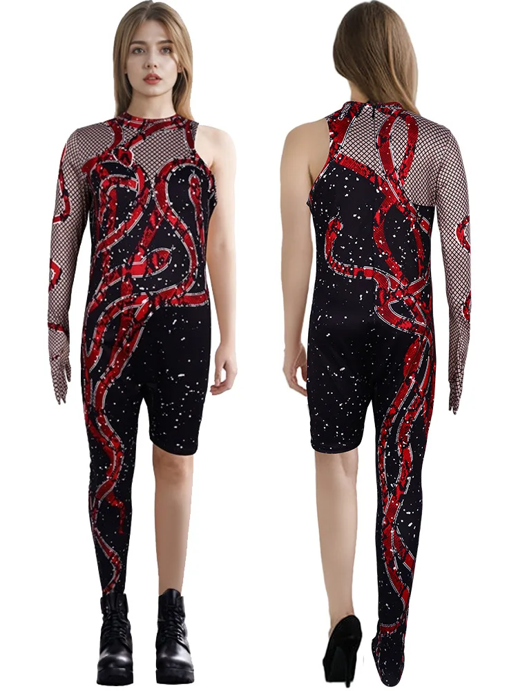 

Singer Stage Performance Same Role Play Red And Black Perspective Print Costume Sexy Black One-leg Jumpsuit Irregular Tights