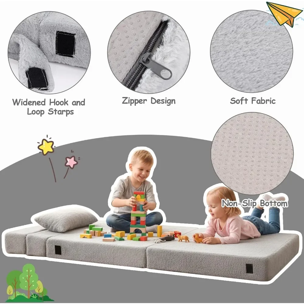 Convertible Folding Chair Bed Sleeper for Toddlers with Storage, Child Sofa Couch Futon, Fold-Up Mattress Bed for Kids