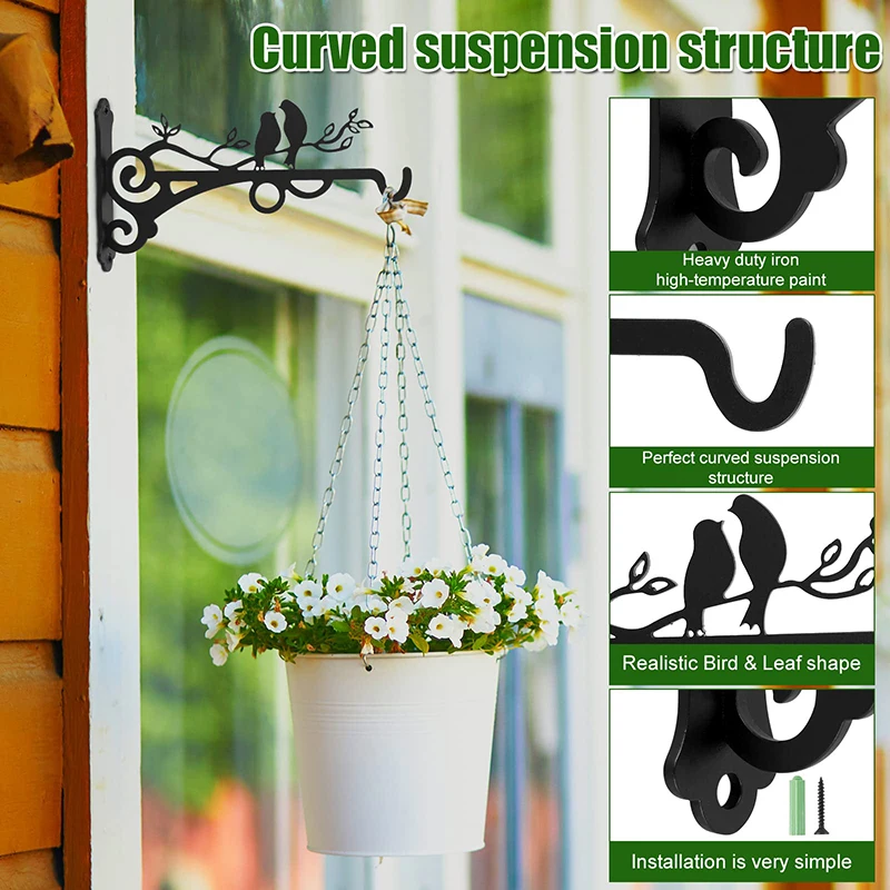 Metal Hanging Basket Hooks Black Solid Steel With Screws Outdoor Plant Bracket Wall Mounted Hook Plants Lantern Bird Feeder