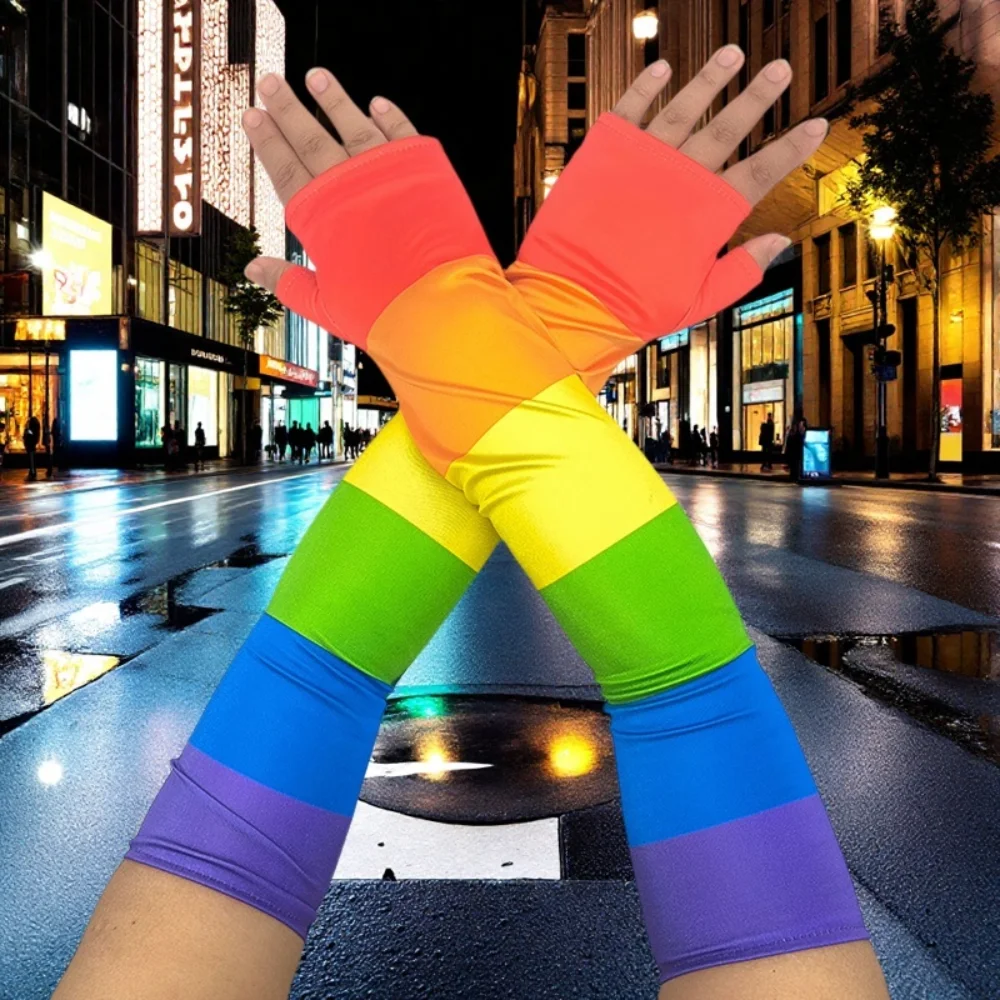 Fashion Stretch Rainbow Long Gloves Fashion Costume Rainbow Tassel Gloves Fringe Parade Colorful Mittens Pride Month