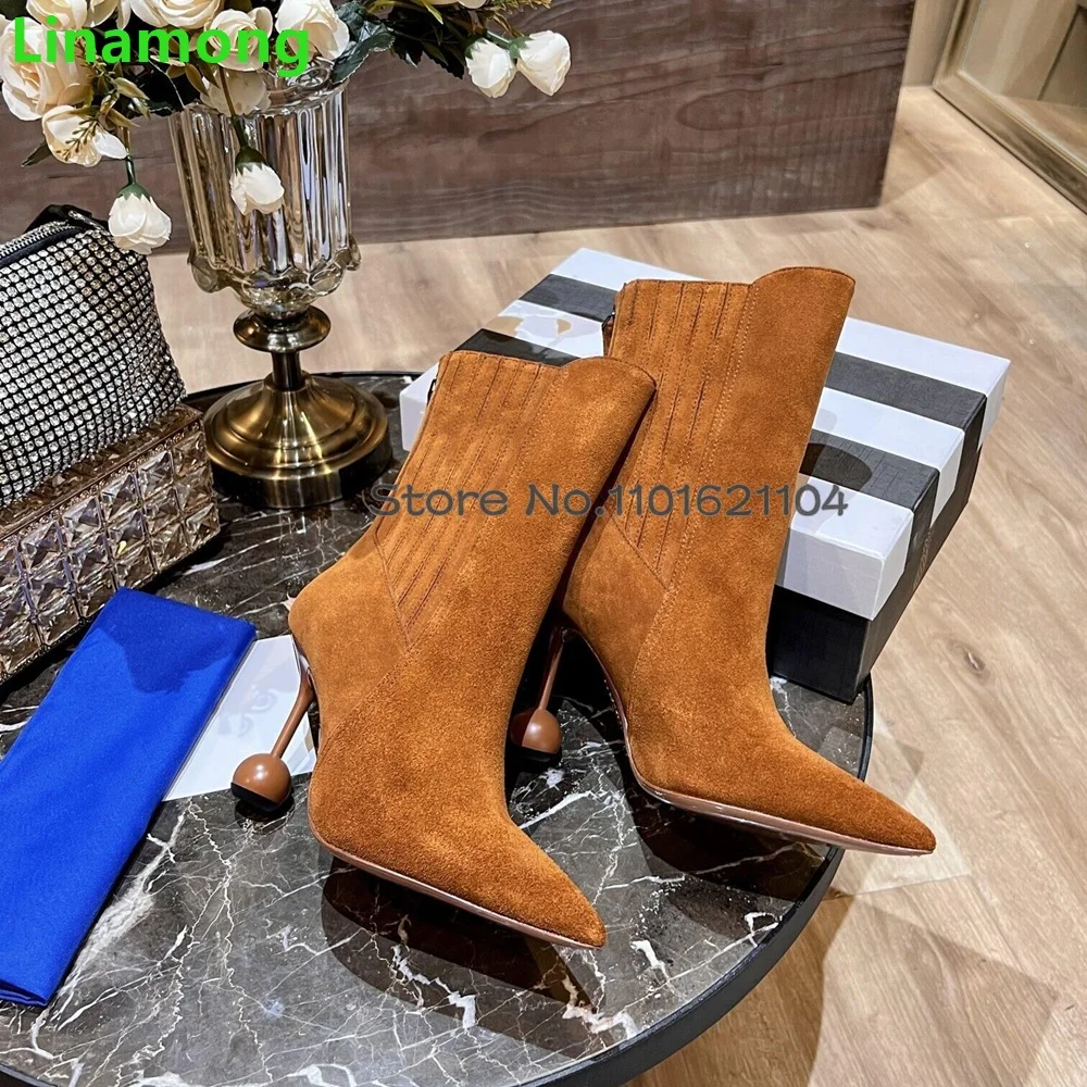 Pointed Toe Strange Ball Heel Boots For Female Women 2024 Winter New Ankle High Frosted Leather Back Zip Solid Elegant Shoes image 4