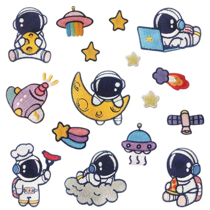 Self Adhesive Cartoon Star Rocket Astronauts Patches Iron On Clothes Stickers DIY Badge Sewing Jeans Coats Bags Shirts Appliqued