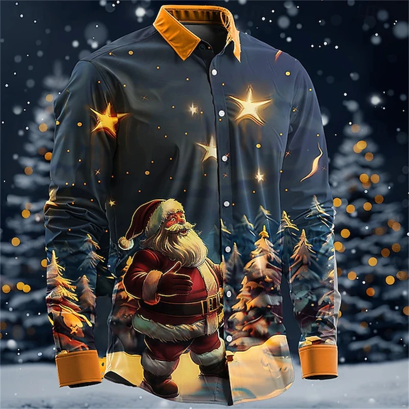 Men's Long Sleeve Shirts Christmas Shirts Party Style Holiday Exquisite Printed Tops Fashion Cartoon Men's Long Sleeve Shirts