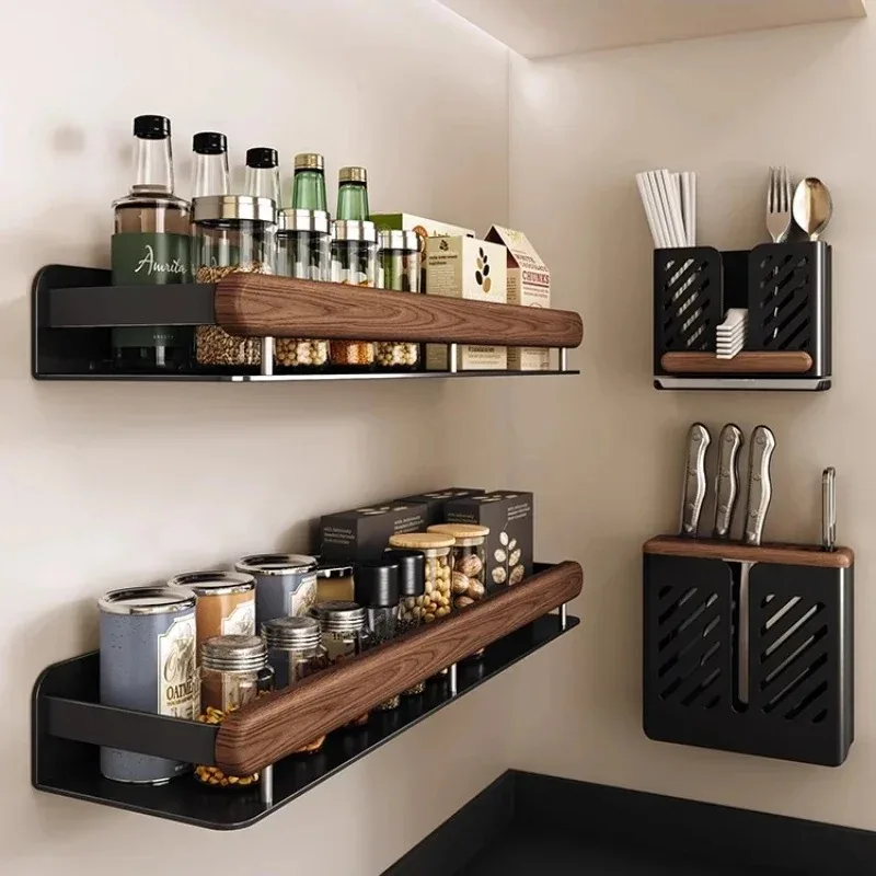

Walnut Spice Shelf Kitchen Seasoning Rack No-Drill Wall-Mounted Organizer Wooden Condiment Holder for Counter Storage
