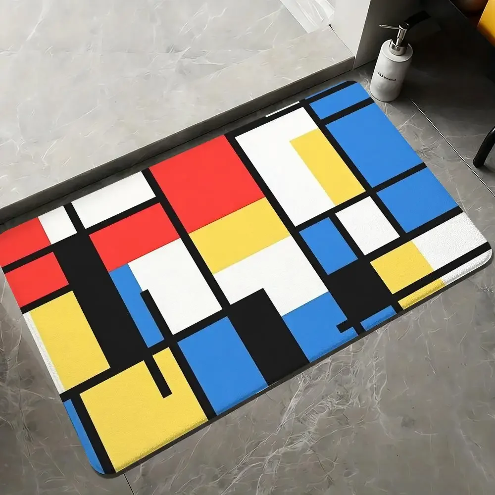 Mondrian Style Geometric Pattern Non Slip Absorbent Door Mat Modern Art Design Home Decor Rug for Bathroom Entrance Quick Dry