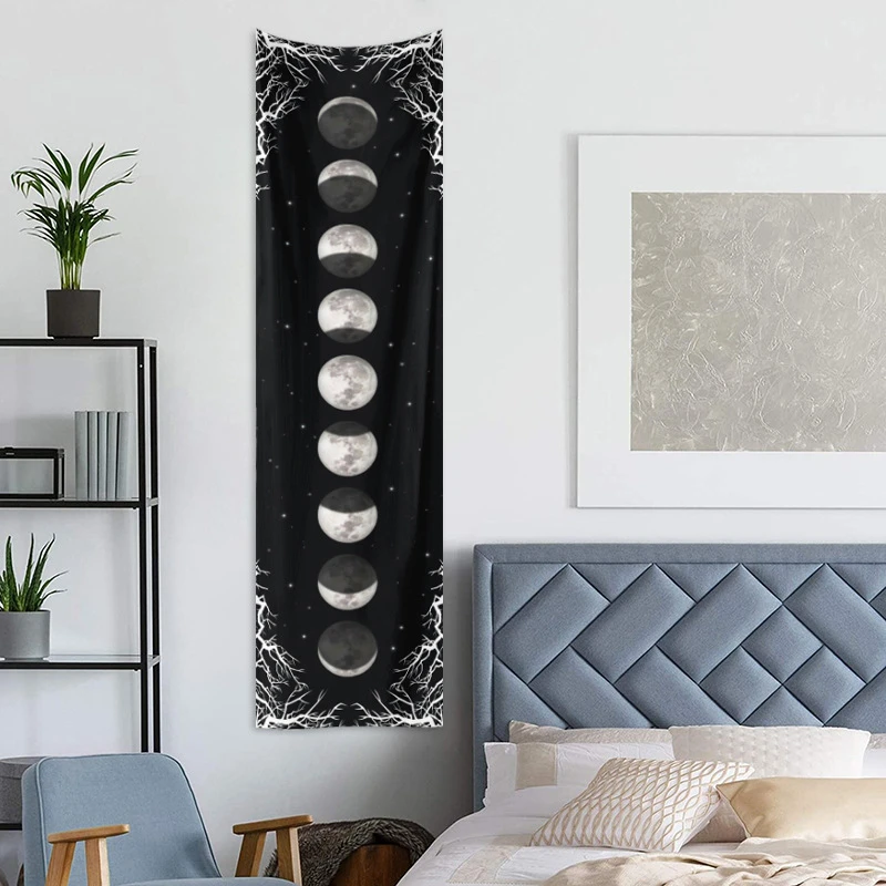 VIKAMA Vertical Bar Moon Phase Celestial Body Tapestry Dark Bohemian Wall Hanging Bedroom Dorm Home Aesthetic Decor