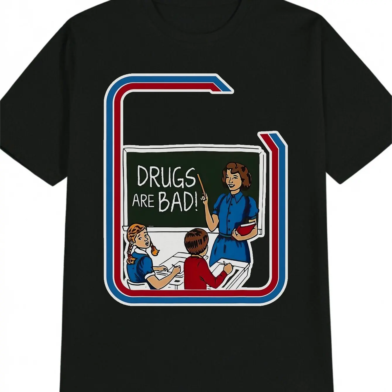 

A Humorous Man's Retro Black T-shirt with The Pattern "Drugs Are Bad" Printed on It - A Casual Shirt, The Ideal Gift for Him