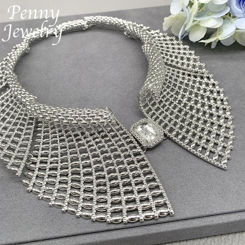 4Pcs Original Rhinestones Silver Jewelry Set for Women Gemstone Big Size Necklace Earring Bracelet Ring Wedding Party Gifts