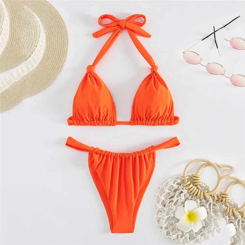 

Orange Knotted Ruched Swimwear Halter Triangle Bikinis Sets Sexy Swimsuit Women Micro Thong Bathing Suit Biquinis Beachwear Swim