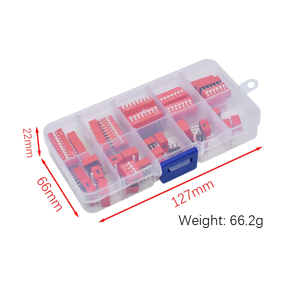 WAVGAT Dip Switch Kit In Box 1 2 3 4 5 6 7 8 10 Way 2.54mm Toggle Switch Red Snap Switches Mixed Kit Each 5PCS Combination Set