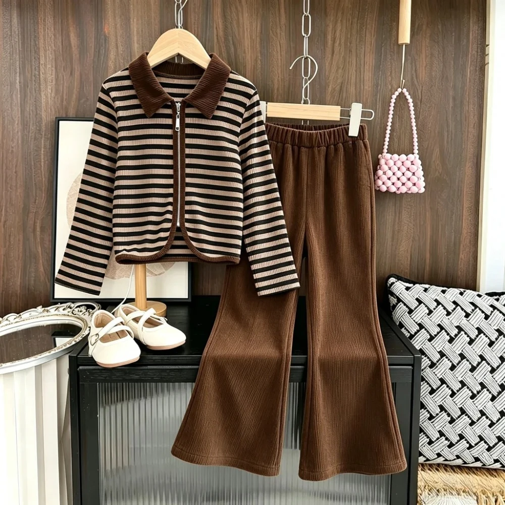 Spring and Autumn Korean Version Kids' Sets and Outfits Retro Brown Girls Clothes Striped Long Sleeved Zipper Top + Pants