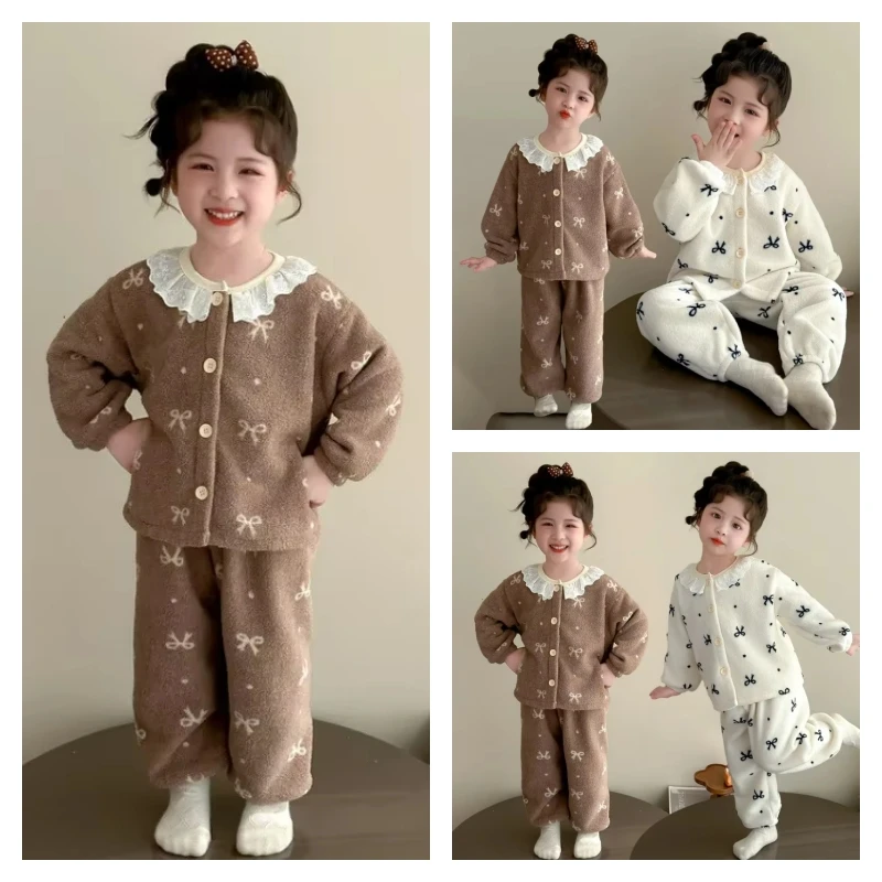 

Горячий кавайный модный пижамный комплект для девочек, студенческий зимний утепленный повседневный комплект из 2 предметов на флисовой подкладке, сохраняющие тепло штаны, детская одежда