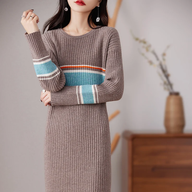 

BELIARST 100% Merino Wool Sweater Women's Clothes Round Neck Color Contrast Striped Long Skirt Woolen Dress Knit Pullover M-8153