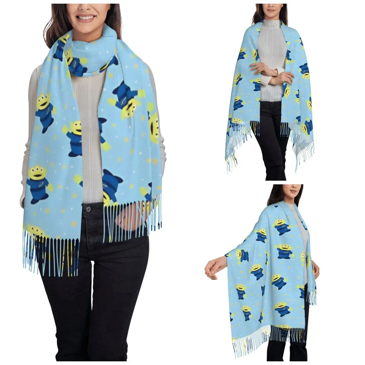 Toy Story Alien Star Cute Pattern Scarf for Womens Winter Fall Pashmina Shawls and Wrap Long Scarves with Tassel Ladies