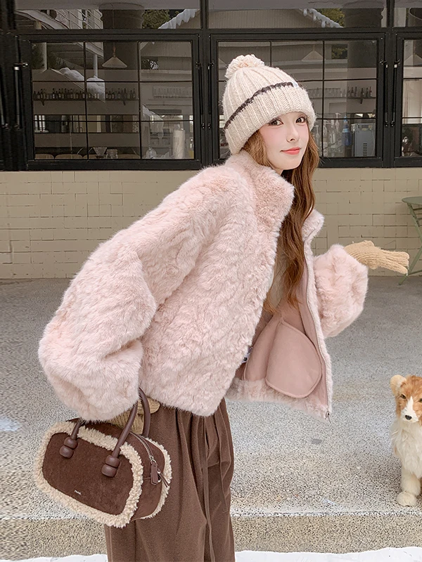 Pink Fluffy Eco-Friendly Fur Jaet Women's ort Winter 2025 New Super Beautiful Thi Warm Lamb Velvet College Sle Straig...