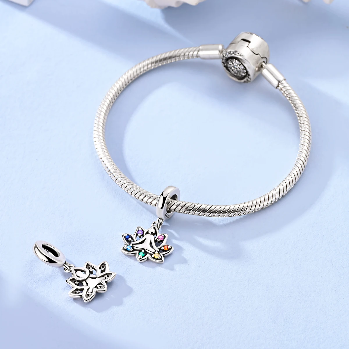 925 Sterling Silver Yoga Lotus Charms Bead Sparkling CZ Zircon Dangle Fit Original Bracelet DIY Women Jewelry