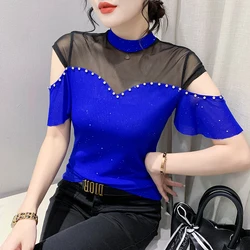 Black Summer European Style Fashion Sexy Stand Patchwork Mesh Rivet Tops Women's Short Sleeve Shiny Casual Tees 2024 New 43252