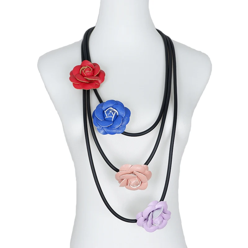 New Ethnic Style Multi-layered Colorful Flowers Hand-designed Black Rubber Chain Bohemian Style Jewelry With Necklace Jewelry