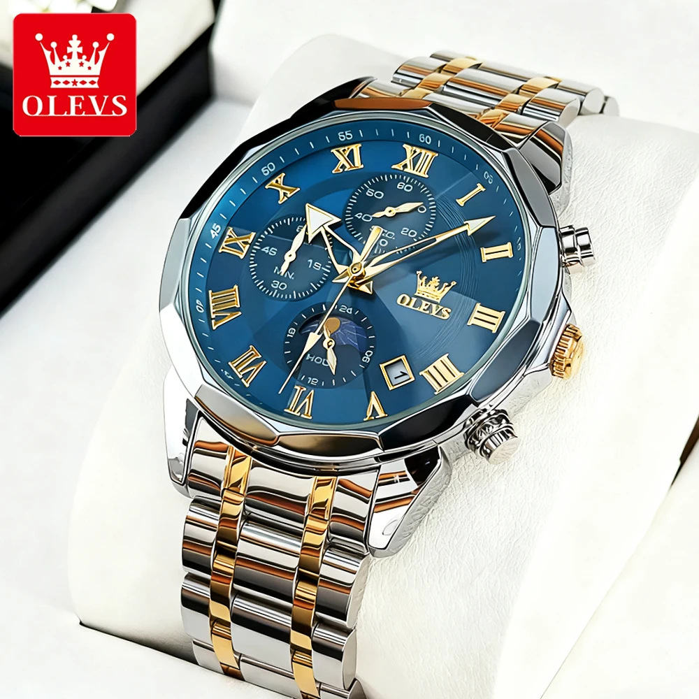 

OLEVS Men's Watches Trend Fashion Rhombus Mirror Fine Steel Original Brand Quartz Wristwatch for Man Waterproof Moon Phase Date
