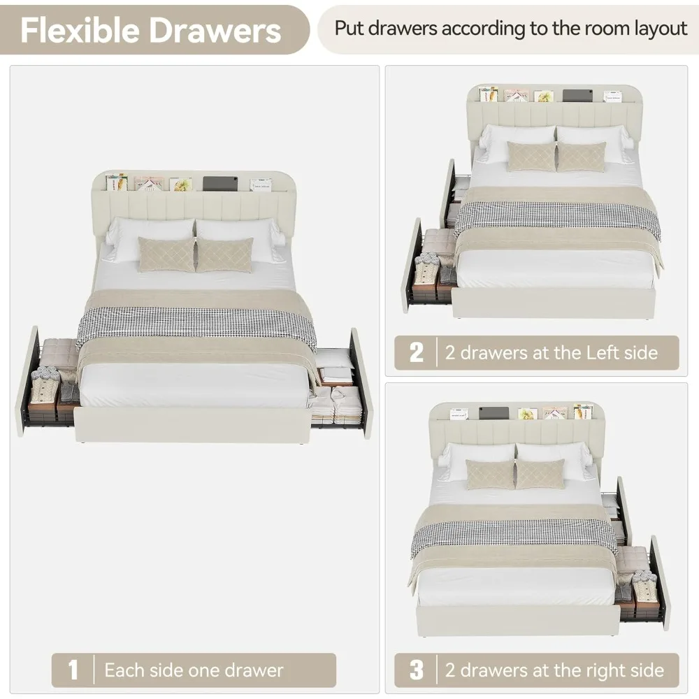 إطار سرير كامل من IDEALHOUSE مع درجين مرنين ولوح أمامي لخزانة الكتب، سرير بمنصة منجدة للأولاد والبنات، ضوضاء- #5