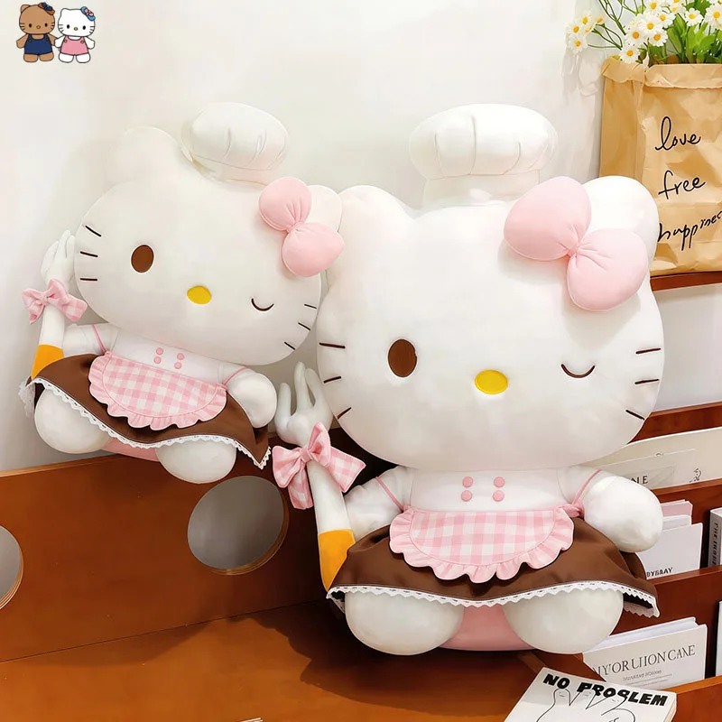

Плюшевая игрушка Sanrio Hello Kitty Chef, милая мягкая кукла-кошка с розовым бантом, украшение для дома, подарок на день рождения для женщин, оптом