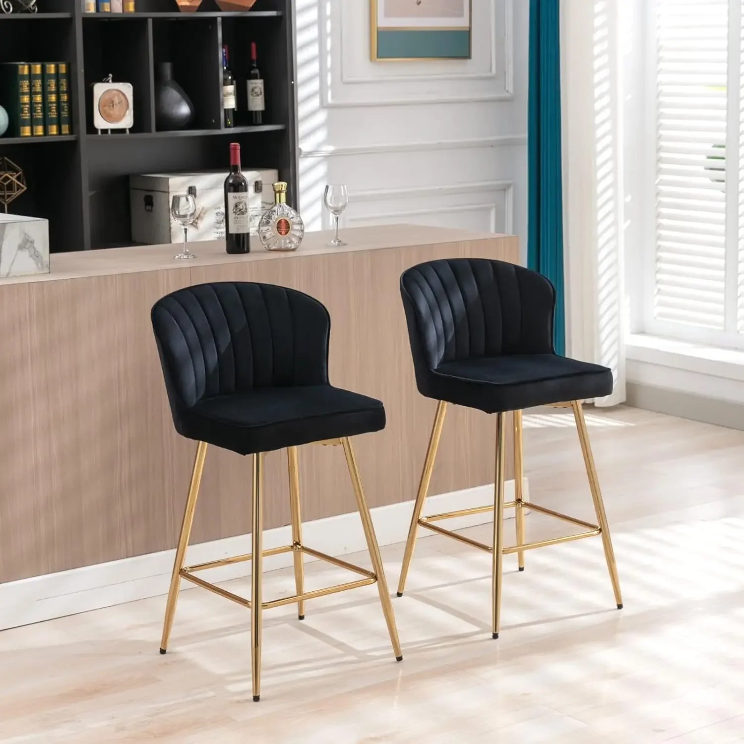 Velvet Counter Stools Set of 6 Mid Century Modern Bar Stools Gold Legs Upholstered Kitchen Height Stool Chairs Black 26 Inch