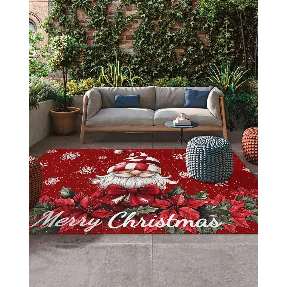 

Уличный ковер с рождественским гномом 5x8 футов — красный, зимние снежинки, идеально подходит для патио, террасы или крыльца