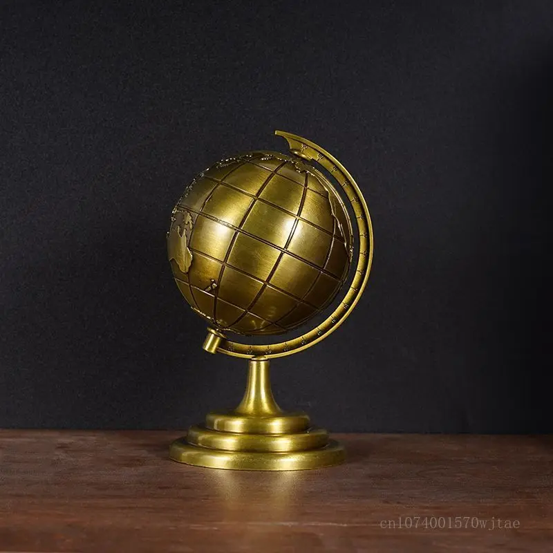 Creative Retro Metal Globe Ornament, Bronze, Red Copper, Office Decor, Study Desk, Home, Bedroom, Living Room Decoration, 1Pc