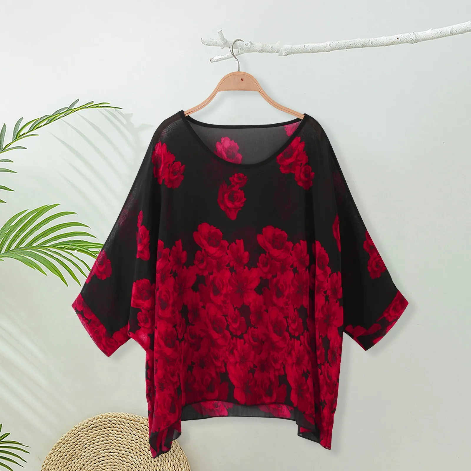 Mode Batwing Hülse O-ansatz Chiffon Bluse Frauen Hemd Leopard Print Casual Lose Herbst Böhmischen Strand Boho Urlaub Tops